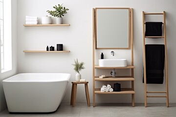 Mid-Century Scandinavian Bathroom: Sleek Fixtures, Wooden Shelving & White Walls