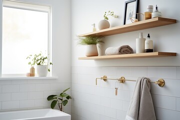 Mid-Century White Walls Bathroom: Sleek Fixtures, Wooden Shelving, Scandinavian Touches