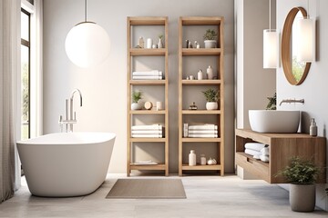 Chic Lighting and Minimalist Decors in Mid-Century Modern Bathroom Designs with Wooden Shelving and Pastel Rugs