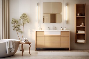 Fototapeta na wymiar Mid-Century Modern Bathroom Design with Wooden Cabinet, Art Deco Touches, Pastel Rugs