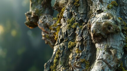 Detailed Texture of Mossy Tree Bark Close-Up A close-up shot of a tree's textured bark, covered in...