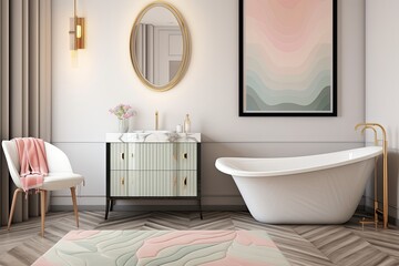 Fototapeta na wymiar Mid-Century Modern Bathroom with Wooden Floor, Chic Rug, Pastel Accents, and Art Deco Mirror
