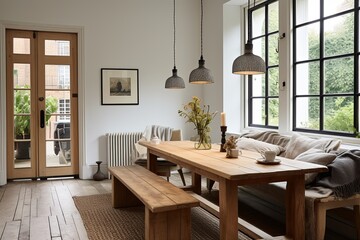 Rustic Charm: Modern Home with Antique Wooden Doors, Cozy Seating, Farmhouse Table, Scandinavian Textiles, Pendant Lights