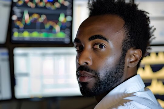 African American Man Analyzing Data in Finance Office