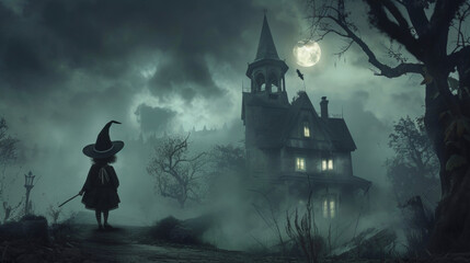 A young child dressed as a witch complete with a pointy hat and broomstick standing in front of a haunted house background.