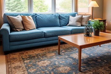 Mid-Century Blue Oriental Rug Enhances Modern Lounge Setting