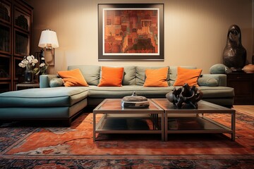 Terracotta Sofa Sits Among Oriental Rugs in Modern Art Deco Living Space