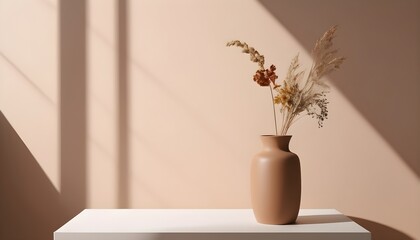 Minimalistic Beige background with a vase in front of a wall with shadows.