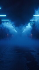 Within a studio room, smoke floats up against a dark  creating an open scene where neon lights and spotlights i