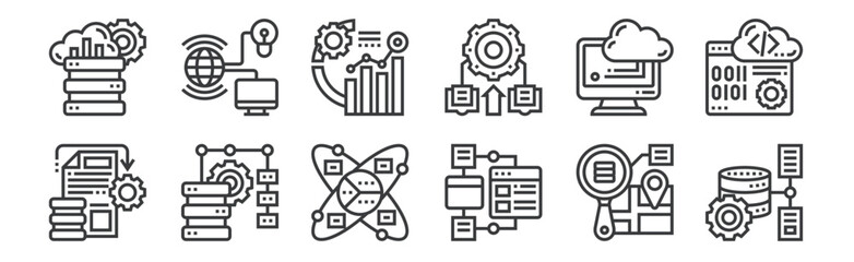 12 set of linear data analytics icons. thin outline icons such as database storage, data visualization, data merge, cloud computing, data analytics, internet of things for web, mobile. - obrazy, fototapety, plakaty