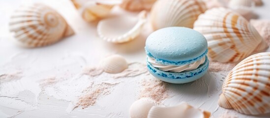 Tranquil Blue and White Bath Bomb Surrounded by Exotic Sea Shells Spa Relaxation Concept