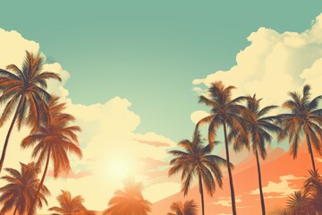 Retro palm beach sky. Sunrise island. Generate Ai - obrazy, fototapety, plakaty