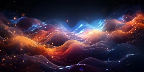 Zelfklevend Fotobehang Abstract liquid glowing waves and lighting particles © toomi123