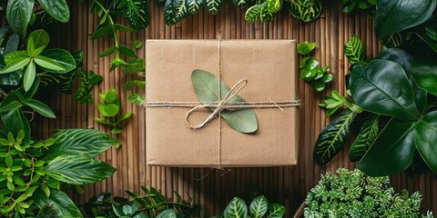 Eco-friendly packaging concept with a cardboard box and green foliage represents sustainability