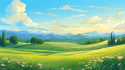 Beautiful summer landscape with green hills and blue sky, Generative AI illustrations.