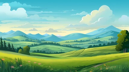 Fototapeta na wymiar Beautiful landscape with meadow, mountains and blue sky, Generative AI illustrations.