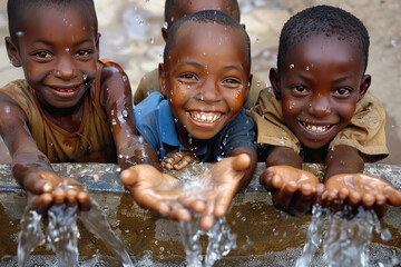 African children enjoy clean water and stretches out his hands to tank with fountain of clean water - obrazy, fototapety, plakaty
