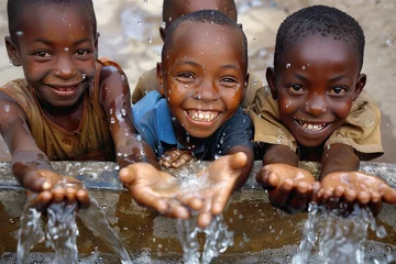 Wandaufkleber African children enjoy clean water and stretches out his hands to tank with fountain of clean water © Nhan