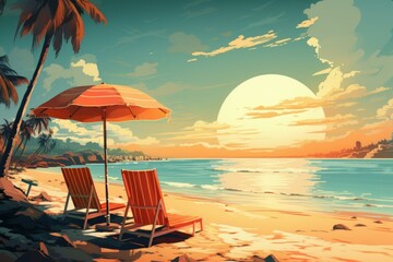 Retro palm scene beach. Travel vacation. Generate Ai - obrazy, fototapety, plakaty