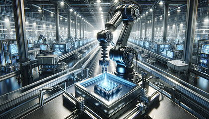 Futuristic robotic arm assembling technology in advanced factory.