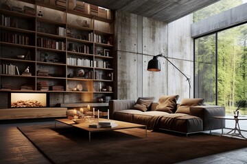 Concrete Wall Sunken Living Room Concepts with Industrial Touch
