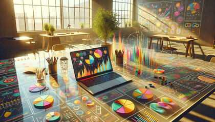 Vibrant statistical analysis setup in sunlit office with animated 3D graphs and playful design elements. - obrazy, fototapety, plakaty