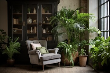 Fototapeta na wymiar Urban Chic Cabinet Side Plant Pot: Living Room Interiors with a Jungle Vibe