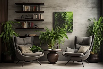 Contemporary Urban Jungle Living Room with Concrete Wall and Hanging Plants