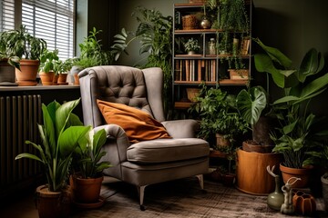 Fototapeta na wymiar Grey Wall Urban Jungle Living Room: Cozy Armchair Amidst Green Plants