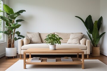 Minimalist Plant Shelf Wooden Coffee Table: Urban Jungle Living Room Interiors Design