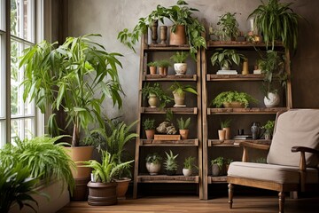 Green Oasis: Urban Jungle Living Room Interiors with Rustic Wooden Shelf