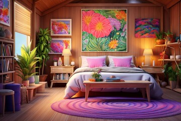 Boho-Inspired Vibrant Bedroom: Wooden Elements, Colorful Rugs, Eclectic Art