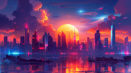 A futuristic cityscape with flying cars and towering skyscrapers, portraying a utopian vision of urban life for a sleek and modern t-shirt design. - obrazy, fototapety, plakaty