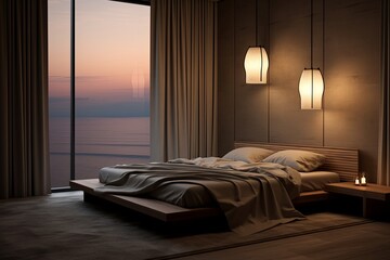 Pendant Light Perfection: Serene Zen-Inspired Minimalist Bedrooms Aglow with Soft Evening Light