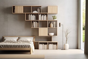 Zen-Inspired Minimalist Bedrooms: Innovative Shelving Unit for Streamlined Book Storage