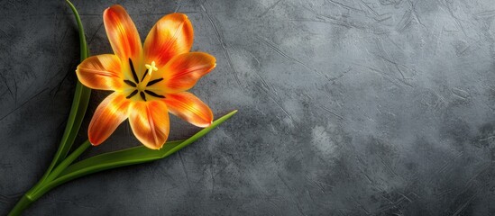 A single orange flower set against a plain gray background, showcasing its vivid color and delicate petals. The contrast between the bright flower and neutral backdrop creates a striking visual focus.