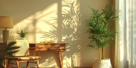 Cozy home interior with chair and plant in warm sunlight ambiance