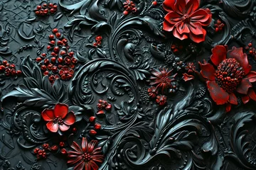 Tuinposter Richly ornate black red wall. Interior fabric. Generate Ai © juliars