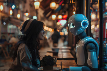 A woman having a good time talking with ai robot friend in cafe - obrazy, fototapety, plakaty