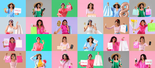 Collage of fashionable African-American woman with new purchases for International Women's Day on color background