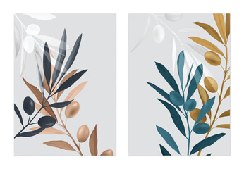 Leaves poster template, colorful olive leaves on grey background - 744315189