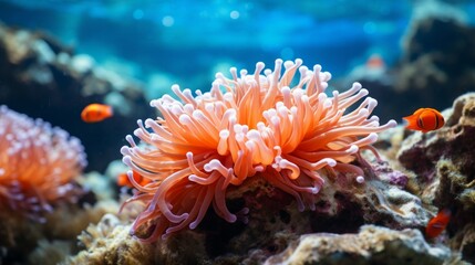 An orange sea anemone floating in the ocean water