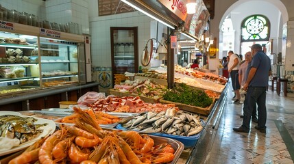 Stunning Fresh fish and seafood stall in The Central Market of Cadiz. It is the oldest covered market in Spain
