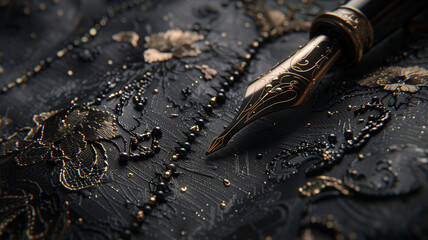 A close-up view of a quill pen meticulously crafting intricate calligraphy, a timeless and elegant design for a sophisticated shirt.