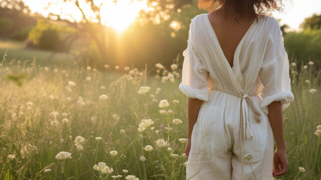 A classic white linen shirt tucked into highwaisted linen culottes and paired with a rope belt and minimalist sandals a timeless look perfect for a zeninspired picnic in a tranquil