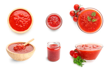 Bowl with tasty tomato sauce on white background