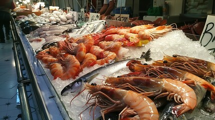 Stunning Fresh fish and seafood stall in The Central Market of Cadiz. It is the oldest covered market in Spain