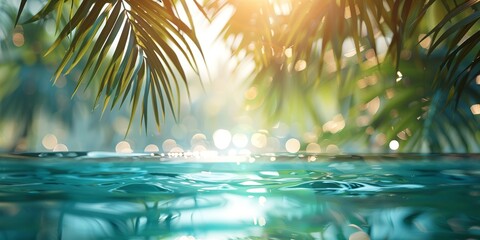 Idyllic seaside sanctuary with shimmering turquoise waters peeking through tropical palm fronds. - obrazy, fototapety, plakaty