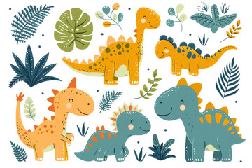 Cute hand drawn dinosaurs and tropical plants. Dino collection for kids