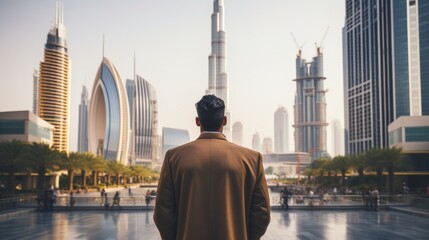 Fototapeta na wymiar Arab man standing in front of modern high-rise city